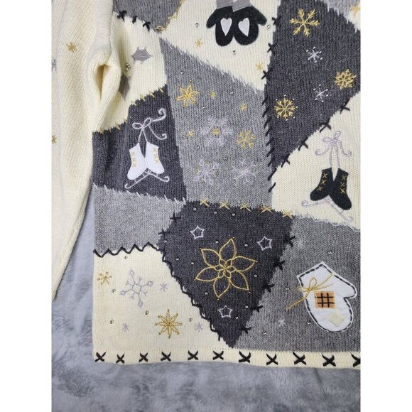 Designers Originals Winter Sweater Women L Ivory Pullover Patchwork Skaters - Picture 3 of 11